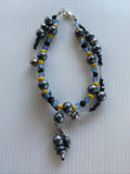 Double Strand Beaded Bracelet Handmade Silver Plate Grey Black Blue tones