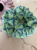 Hair Scrunchie Crochet Handmade Elastised Full Ruffled Blue & Green Mix