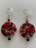 Round Mother of Pearl Shell Rose Red Black Floral Pearl Crystal Dangle Earrings Pierced   Clip-on