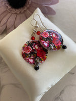 Round Mother of Pearl Shell Rose Red Black Floral Pearl Crystal Dangle Earrings Pierced   Clip-on