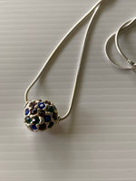 Rhinestone Blue & black Stone Round Pendant Short Necklace Snake Chain Silver