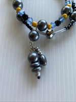 Double Strand Beaded Bracelet Handmade Silver Plate Grey Black Blue tones