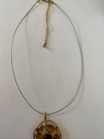 Silver Tone Short Thin Necklace with Round Pendant Brown Amber Statement Piece