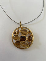 Silver Tone Short Thin Necklace with Round Pendant Brown Amber Statement Piece