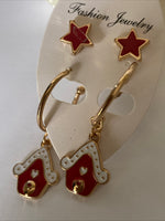 Christmas Earrings Twin Set Red Star & House  Pierced Gold Plate  Festive