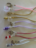 Beaded Silk Cord BookMark Book Thong Flower Charm Gold White Clear Bead Gift