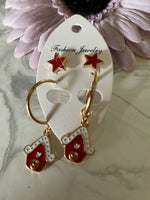 Christmas Earrings Twin Set Red Star & House  Pierced Gold Plate  Festive