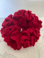 Hair Scrunchie Crochet Handmade Elastised Full Ruffled Deep Red Christmas Festive