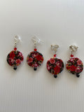 Round Mother of Pearl Shell Rose Red Black Floral Pearl Crystal Dangle Earrings Pierced   Clip-on