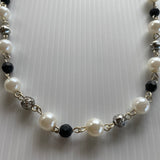 White & Black with Silver Plated Beaded Link Short Necklace