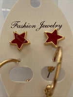 Christmas Earrings Twin Set Red Star & House  Pierced Gold Plate  Festive