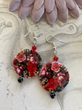 Round Mother of Pearl Shell Rose Red Black Floral Pearl Crystal Dangle Earrings Pierced   Clip-on