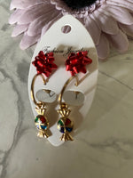 Christmas Bon Bon Twin Set Earrings Pierced Gold Plate Festive Red Bow Stud  Bonbon Hoop