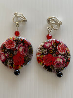 Round Mother of Pearl Shell Rose Red Black Floral Pearl Crystal Dangle Earrings Pierced   Clip-on