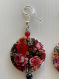 Round Mother of Pearl Shell Rose Red Black Floral Pearl Crystal Dangle Earrings Pierced   Clip-on