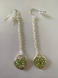 Heart Locket Green Charm Shiny Silver Plate Long Chain Dangle Earrings Pierced