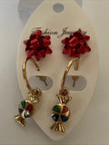 Christmas Bon Bon Twin Set Earrings Pierced Gold Plate Festive Red Bow Stud  Bonbon Hoop