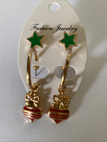 Christmas green Star Studs & Bauble Op0en Ended Hoop Twin Set Earrings Pierced Gold Plate Festive