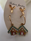 Christmas Twin Set Holly Studs House Hoop Earrings Pierced Gold Plate  Festive