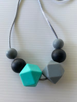 Silicone Bead Necklace Long Comfortable Stylish Black, Grey & Aqua snap closure