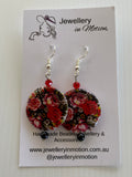 Round Mother of Pearl Shell Rose Red Black Floral Pearl Crystal Dangle Earrings Pierced   Clip-on