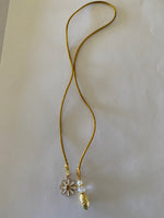 Beaded Silk Cord BookMark Book Thong Flower Charm Gold White Clear Bead Gift