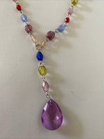 Colourful Silver Plate Y Necklace Faceted Purple Teardrop Pendant  Adjustable