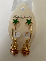 Christmas green Star Studs & Bauble Op0en Ended Hoop Twin Set Earrings Pierced Gold Plate Festive