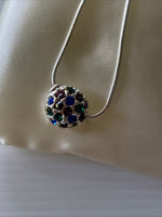 Rhinestone Blue & black Stone Round Pendant Short Necklace Snake Chain Silver