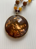 Copper Disc Pendant Brown & Amber Bead Boho  Short Necklace with Extension