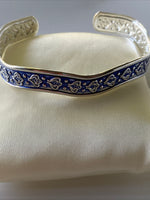 Silver Plate Filigree Detail open Cuff  Wave Bangle Dark Blue Face Back Gift Birthday