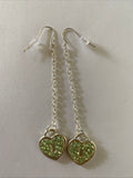 Heart Locket Green Charm Shiny Silver Plate Long Chain Dangle Earrings Pierced