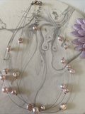 Floating  Glass Pearl Pale Pink Triple Strand Necklace Adjustable Length Gift