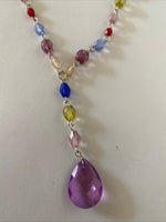 Colourful Silver Plate Y Necklace Faceted Purple Teardrop Pendant  Adjustable