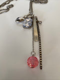 Silver Plate Long Necklace Cluster Charms Rhinestone, Bar Pink Bead