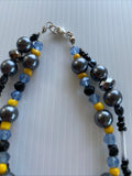 Double Strand Beaded Bracelet Handmade Silver Plate Grey Black Blue tones