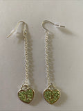 Heart Locket Green Charm Shiny Silver Plate Long Chain Dangle Earrings Pierced