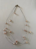 Floating  Glass Pearl Pale Pink Triple Strand Necklace Adjustable Length Gift