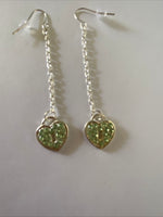 Heart Locket Green Charm Shiny Silver Plate Long Chain Dangle Earrings Pierced