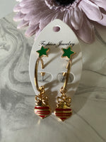 Christmas green Star Studs & Bauble Op0en Ended Hoop Twin Set Earrings Pierced Gold Plate Festive