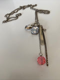 Silver Plate Long Necklace Cluster Charms Rhinestone, Bar Pink Bead