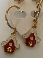 Christmas Earrings Twin Set Red Star & House  Pierced Gold Plate  Festive