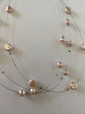 Floating  Glass Pearl Pale Pink Triple Strand Necklace Adjustable Length Gift