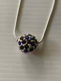 Rhinestone Blue & black Stone Round Pendant Short Necklace Snake Chain Silver