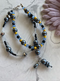 Double Strand Beaded Bracelet Handmade Silver Plate Grey Black Blue tones