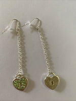 Heart Locket Green Charm Shiny Silver Plate Long Chain Dangle Earrings Pierced