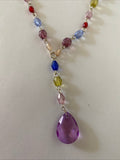 Colourful Silver Plate Y Necklace Faceted Purple Teardrop Pendant  Adjustable