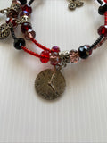 Memory Wire Slide on Beaded & Charm Bracelet no clasp Red Black Silver tones