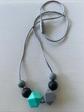 Silicone Bead Necklace Long Comfortable Stylish Black, Grey & Aqua snap closure