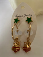 Christmas green Star Studs & Bauble Op0en Ended Hoop Twin Set Earrings Pierced Gold Plate Festive